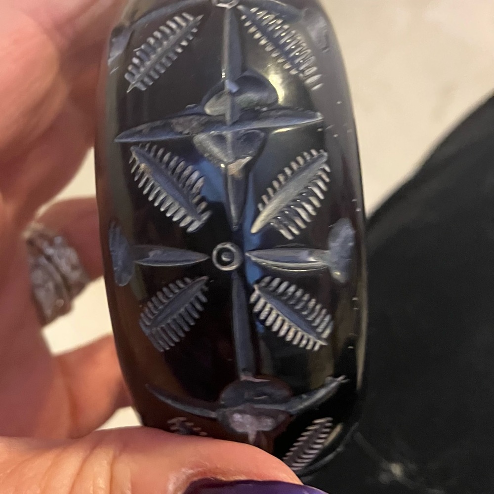 Vintage ornately carved black Lucite bangle bracelet